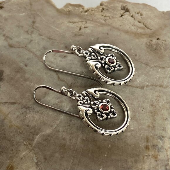 Sterling Silver 925 SX Thailand Garnet Scrollwork Dangle Drop Earrings - Picture 7 of 16
